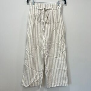 Club‎ Monaco Womens Pants 4 Linen Wide Leg Cream Stripe Paperbag Belt Gauzy